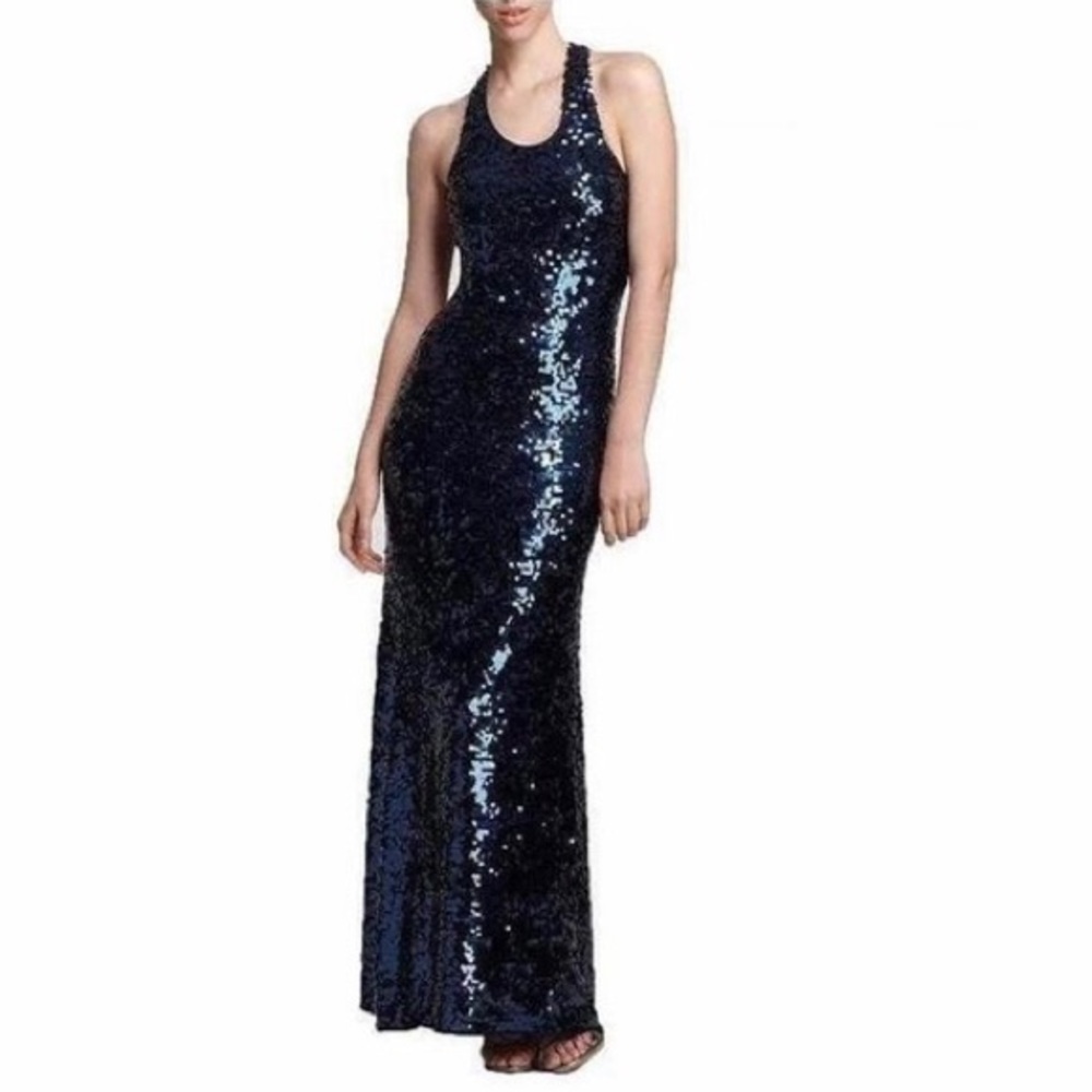 BCBGMAXAZRIA Allure Blue Sequined Racerback Gown
